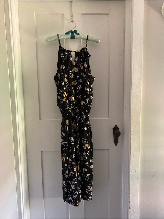 London Times Pants - London Times Black Jumpsuit with Yellow & White Floral Print
